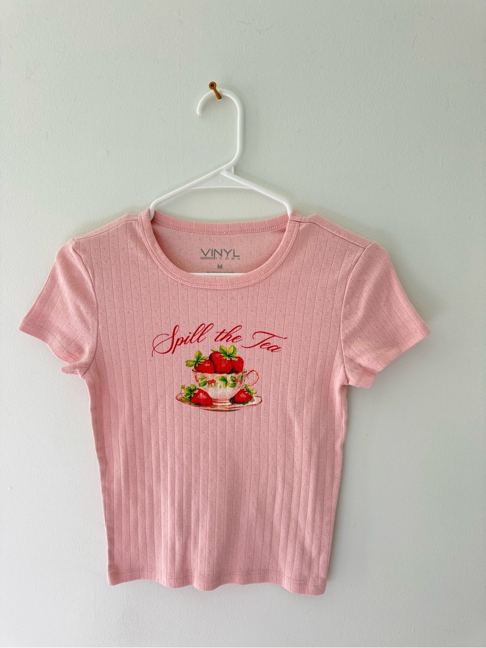 Pink 'Spill the Tea' Short Sleeve Ribbed Graphic Tee- Stretchy Material